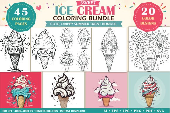 45 Sweet Ice Cream Coloring Pages Bundle: Graphics & Coloring Pages Amp