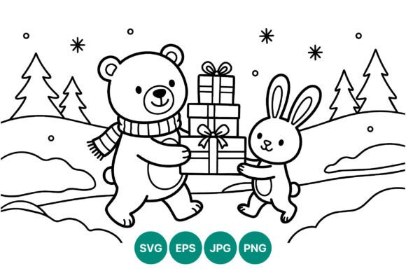 Bear Bunny Winter Gifts Vector Coloring Graphics & Illustrations
