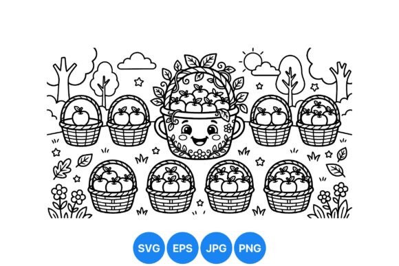 Cute Apple Basket Coloring Clipart: Graphics & Illustrations
