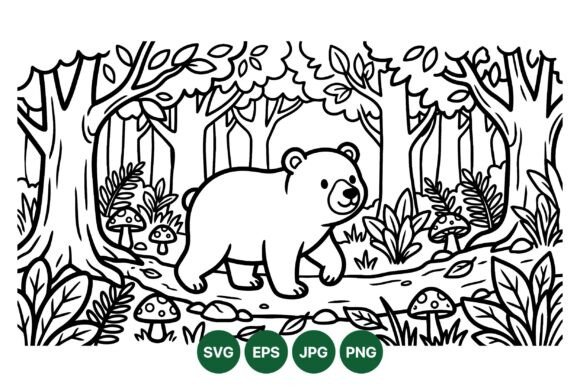 Cute Bear Forest Coloring Scene Graphics & Illustrations