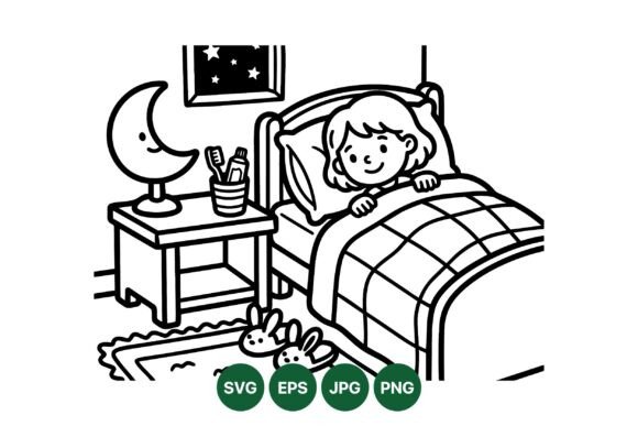 Cute Bedtime Kids Coloring Page: Graphics & Illustrations