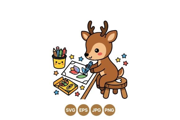 Cute Cartoon Deer Coloring Clipart: Graphics & Illustrations