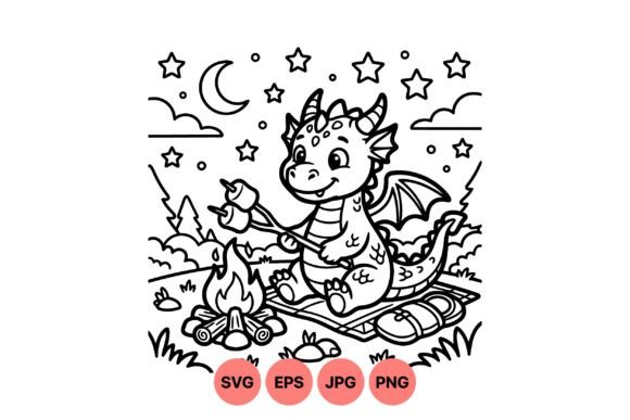 Cute Dragon Camping Coloring Page: Graphics & Illustrations