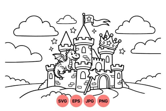 Cute Dragon Castle Coloring Page Graphics & Illustrations