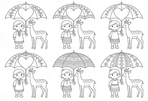 Cute Girl Deer Umbrella Coloring Page: Graphics for Crafts & Branding