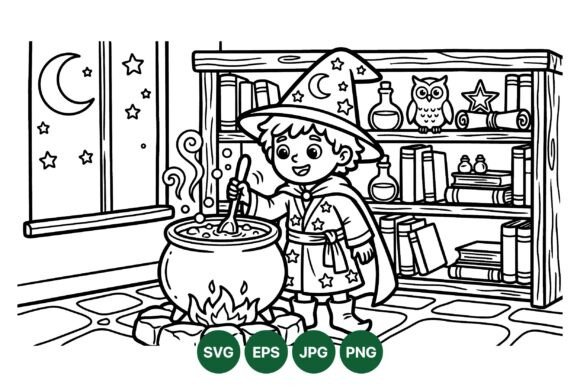 Cute Wizard Kid Coloring Page: Graphics & Illustrations