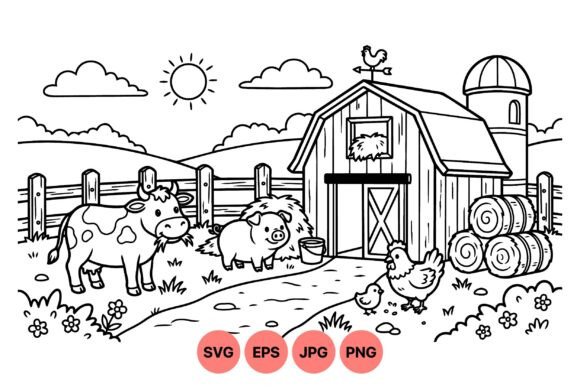 Farmyard Animal Coloring Scene Graphics & Illustrations