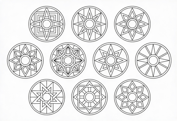 Geometric Starburst Mandala Coloring: Graphics for Crafts & Branding