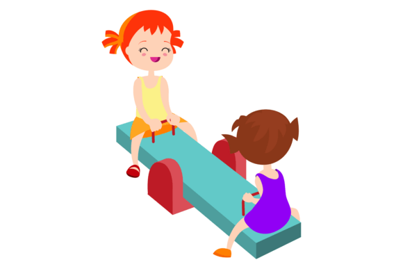 Girls on Seesaw. Cartoon Kids Activity.