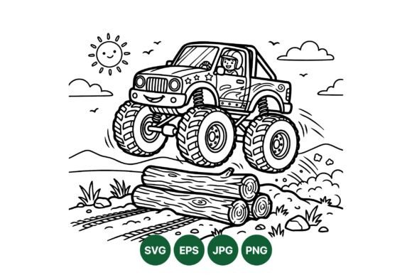 Happy Monster Truck Coloring Art: Graphics & Illustrations