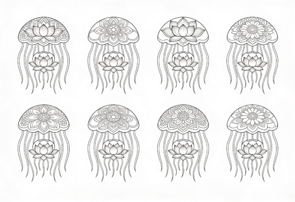 Jellyfish Lotus Mandala Coloring Page: Graphics for Crafts & Creative Brands