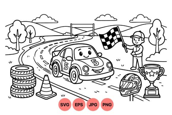 Kids Race Car Coloring SVG: Graphics & Illustrations