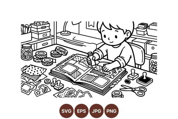 Kids Scrapbooking Coloring Page Graphics & Illustrations
