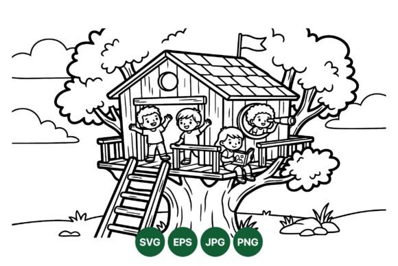Kids Treehouse Coloring SVG: Graphics & Illustrations