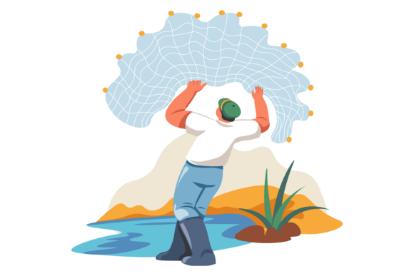 Man Hold Fishing Net. Fisher Activity Sc Graphics